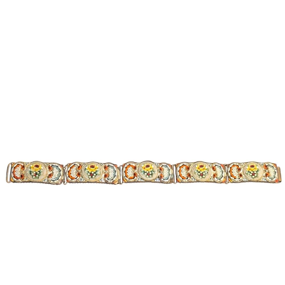 7.5" Antique Italian Micro Mosaic Multi Color Floral Link Hook Clasp Bracelet